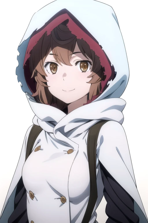 solo, 1girl, looking at viewer, 2D, anime, anime coloring, upper body, (solid white background:1.3), <lora:lili-danmachi:0.8>, liliruca arde, hood, smile
