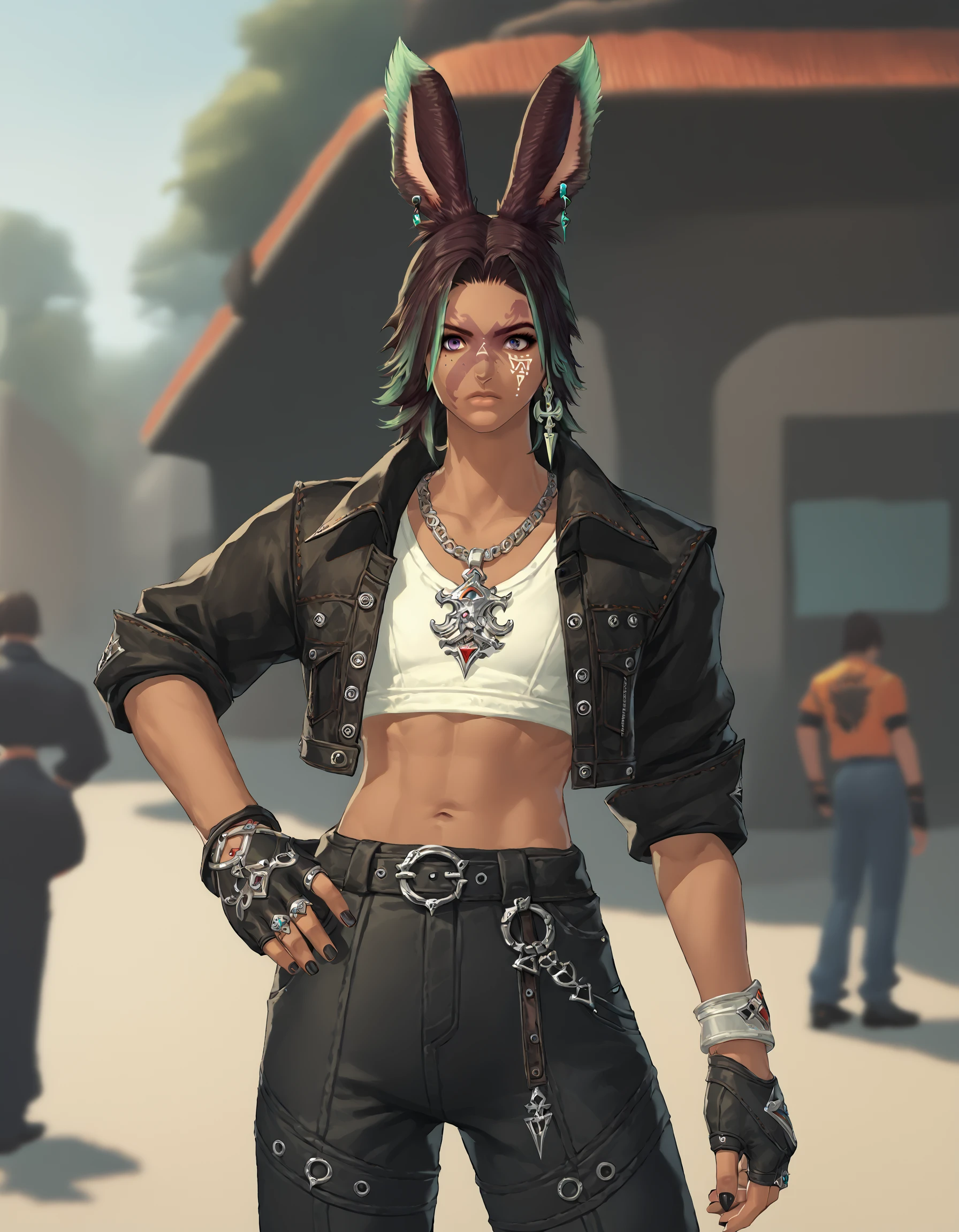 score_9, score_8_up, score_7_up, score_6_up, score_5_up, score_4_up, source_anime, BREAK khit'li viera, viera, jewelry, rabbit ears, animal ears, ring, earrings, fingerless gloves, necklace, jacket, navel, gloves, blurry background, dark skin, hand on hip, dark-skinned male, blurry, midriff, pants, facial mark, solo focus, bracelet, black jacket, cropped jacket, leather jacket, black nails, thumb ring, leather, black hair, lips, short hair, <lora:KhitliLocar_VieraPonyXL:0.75>