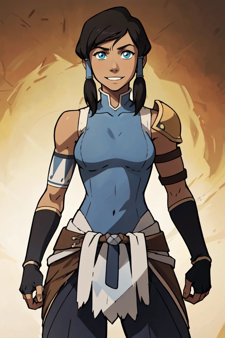 ((masterpiece,best quality)), <lora:Sugimori_Ken_Style_v3:0.5>, absurdres, <lora:Korra_v3:0.7>, korra, short hair, black hair, solo, smiling, looking at viewer, cowboy shot, shiny metal, body armor, breastplate, fingerless gloves, shoulder armor, gauntlets