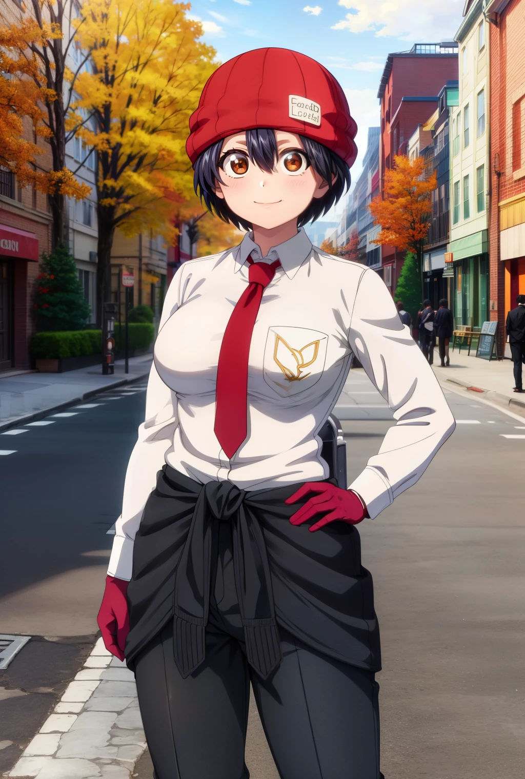 (masterpiece:1.3), (best quality, high quality, highres:1.2), solo focus, <lora:more_details:0.5>,fuuko_wz, black hair,short hair, brown eyes, large breasts, red gloves, red necktie, red headwear, red beanie, collared shirt, long sleeves, black pants, white shirt, clothes around waist, <lora:izumo_fuuko-09:0.8>, hand on hip, cowboy shot, looking at viewer, smile, outdoors, city, street, day