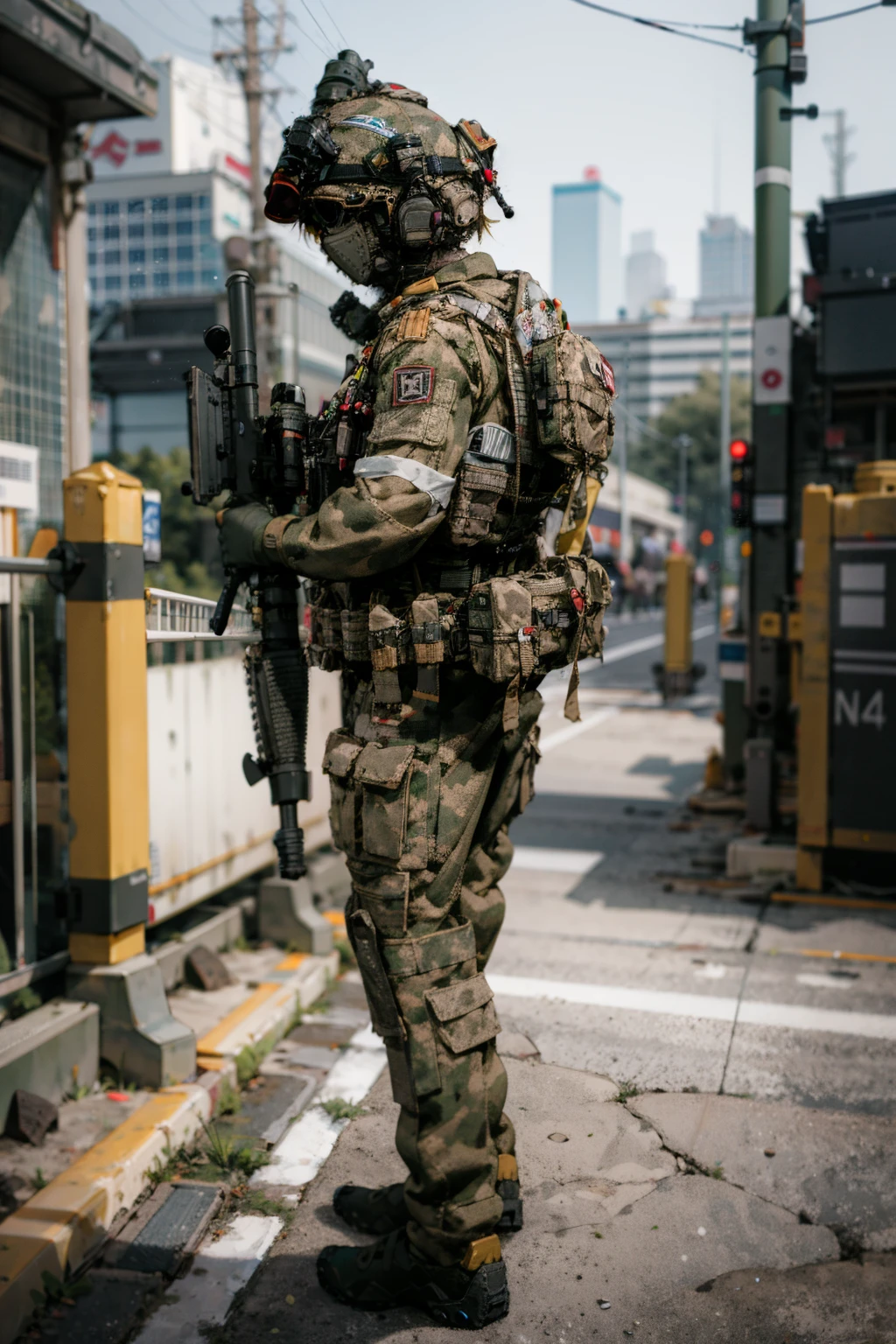 solo,1girl,outdoors,cityscape,standing,from behind,<lora:0306 Russian Federation Special Response Team_v1:1>,ruanyi0306,bulletproof vest,camouflage,helmet,holding weapon,m4 carbine,military uniform,mask,headset,microphone,full body,, (incredibly absurdres, ultra-detailed,CG ,unity ,8k wallpaper),(masterpiece),(realistic),(photorealistic:1.2),(raw photo:1.2), (best quality:1.2), (detailed face :1.4),(beautiful detailed eyes :1.2),(detailed hair),light on face, huge filesize ,cinematic lighting, 1 girl ,sexy,