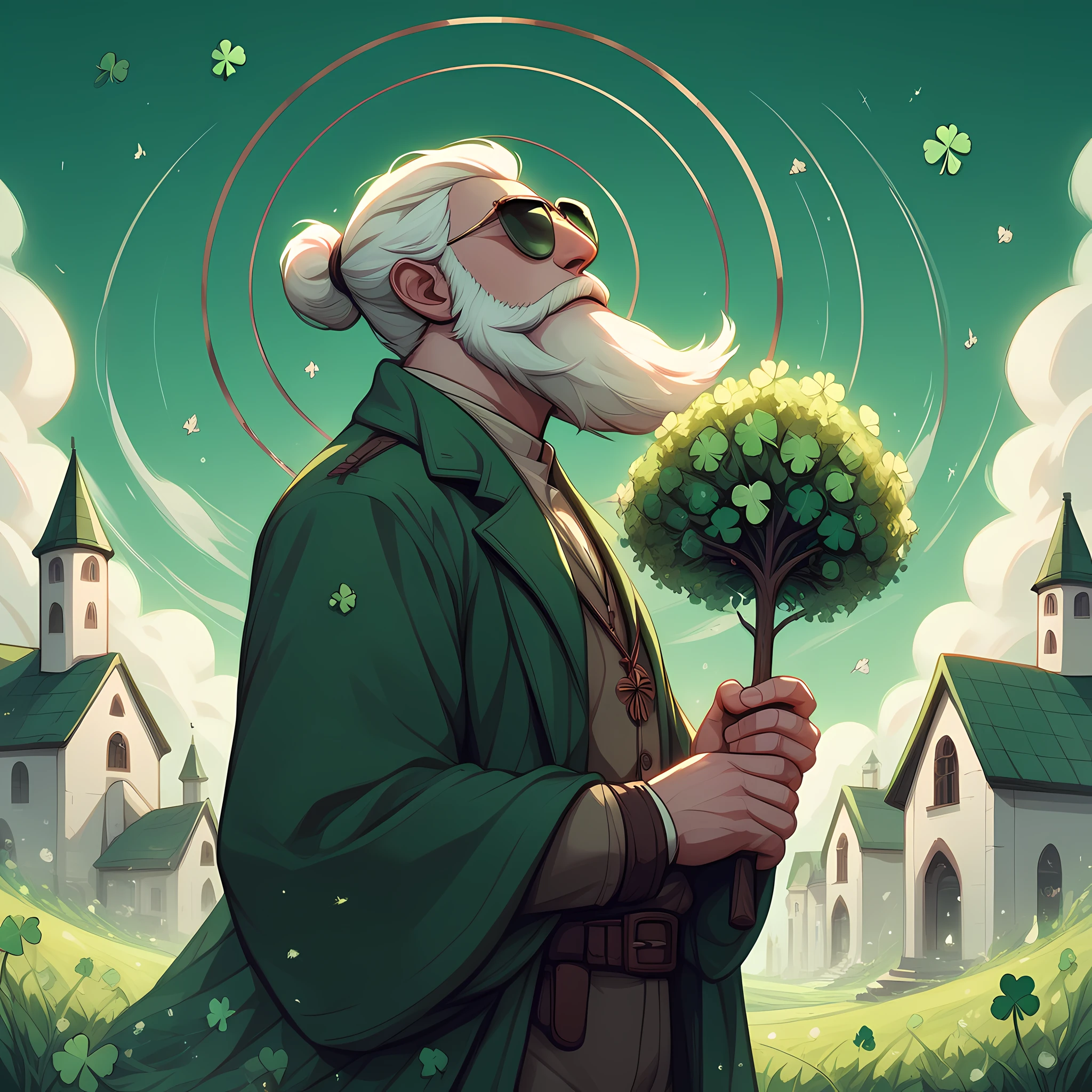 score_9, score_8_up, score_7_up, score_6_up, Saint Patrick in Ghibli style, green outfit, holding a leaf clover, shamarocksr, The character is depicted with a long beard and is wearing a green coat, a connection to celtic culture, nature and mystical theme. The background features a small village or town with a church, and the overall color palette is dominated by shades of green, symbolize growth, renewal and magic, the character's contemplative expression and the peaceful setting give the image a serene and mystical atmosphere <lora:Saint%20Patrick%20in%20Ghibli%20style:1> <lora:stylepony:1>, masterpiece, best quality