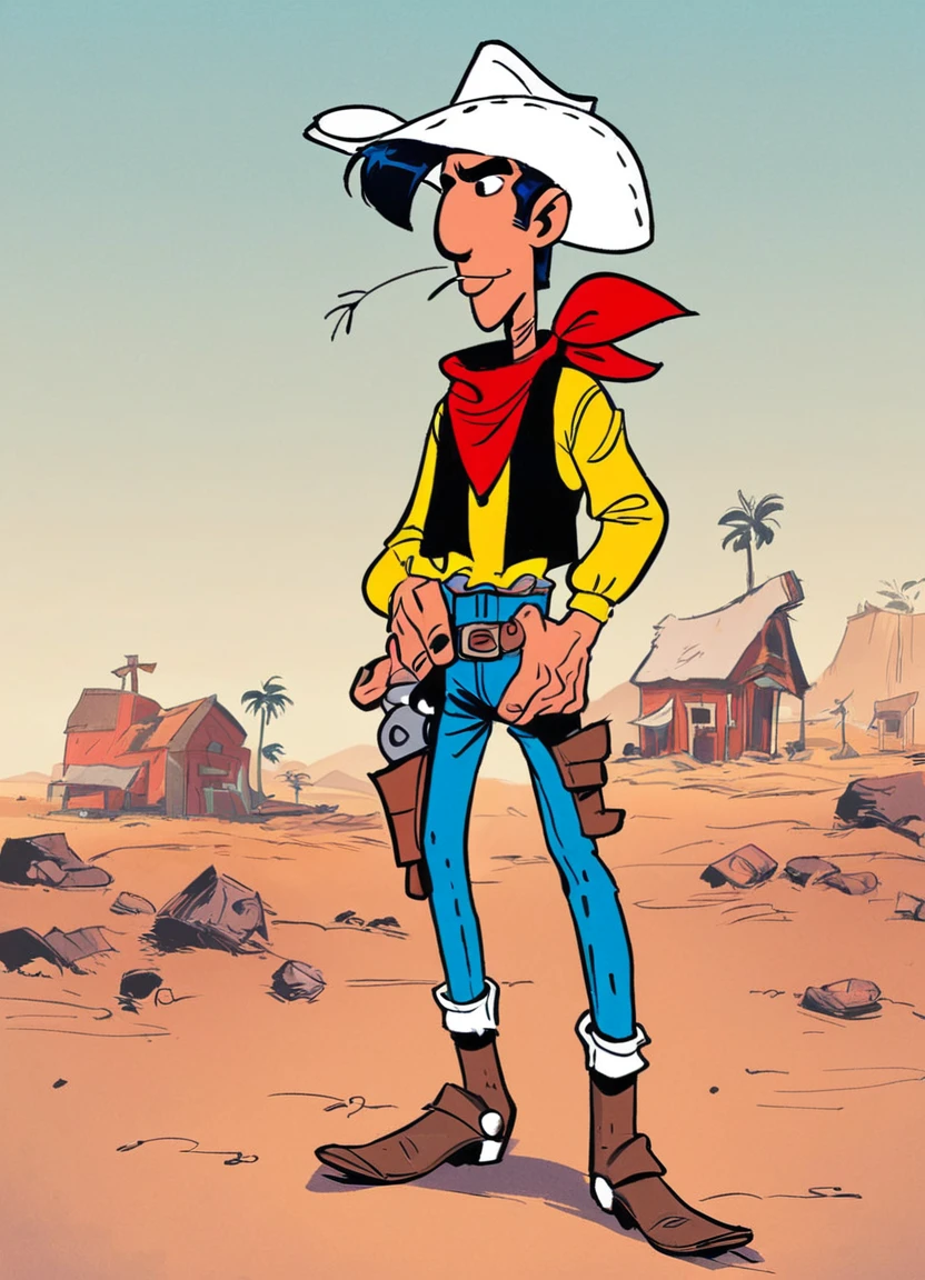 score_9, score_8_up, score_7_up, source_cartoon, wild west town, desert, luckyluke, a cartoon of a cowboy standing in a wild west town, simple background, hat, blue hair, weapon, male focus, boots, gun, bandana, holster, cowboy hat, revolver, cowboy western, cowboy boots, cinematic,
<lora:LuckyLukePony:0.8>