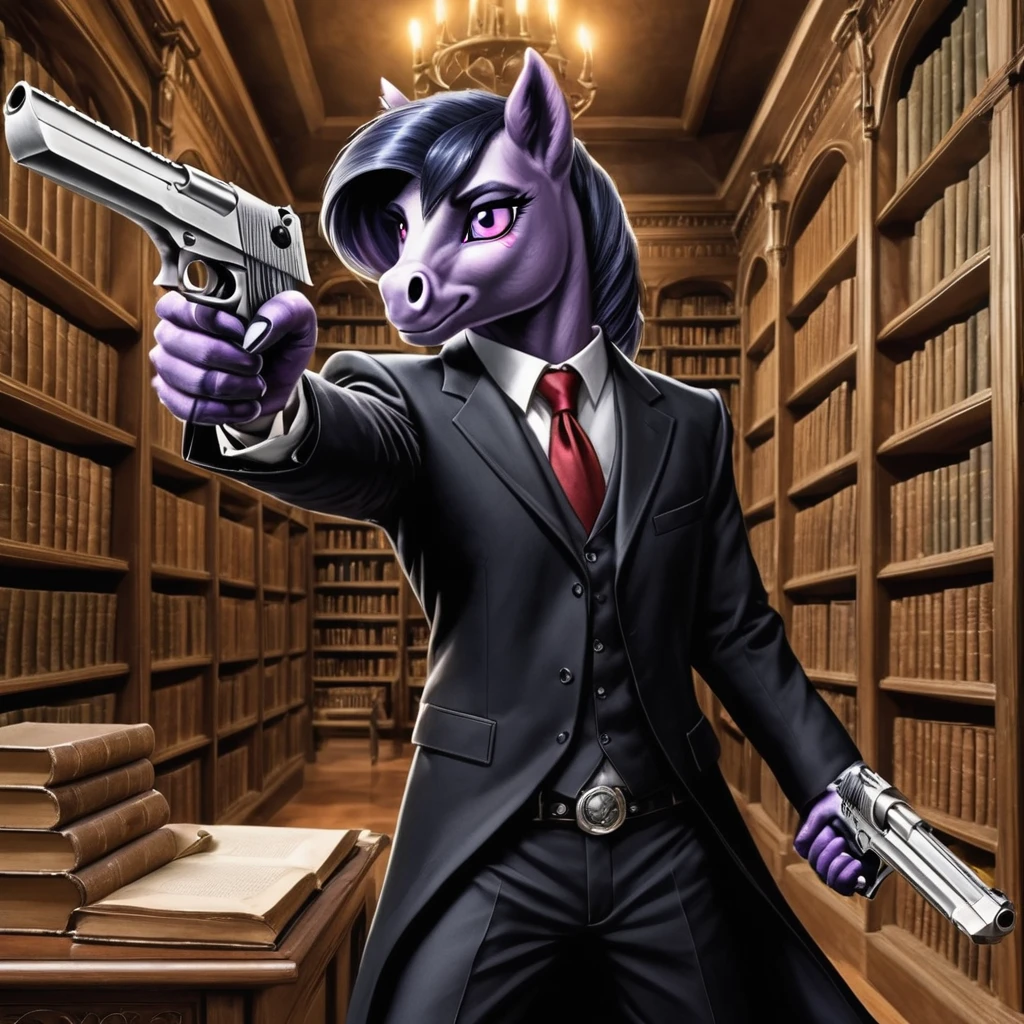 anthro pony twilight in a black suit aiming a silver pistol in a magical library, fantasy, deagle,