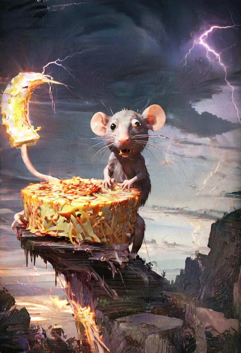 insane maniac rat worshiping and lifts a distorted glitch cheese high in the air, divine, on the cliff, backlit by lots of lightning, fisheye lense <lora:glitched-v1.0.2-extracted:1.25>