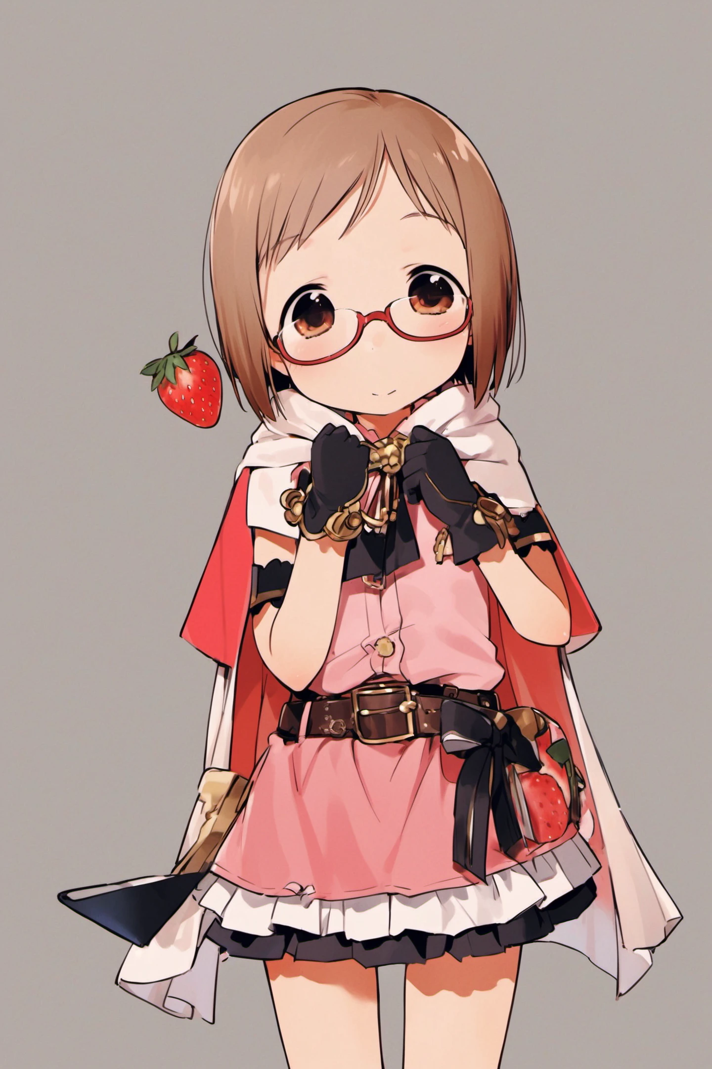 Matsuri Sakuragi,1girl,solo,fruit,strawberry,glasses,cape,gloves,food,brown hair,belt,short hair,o,<lora:Ichigo Mashimaro_XL:0.8>,