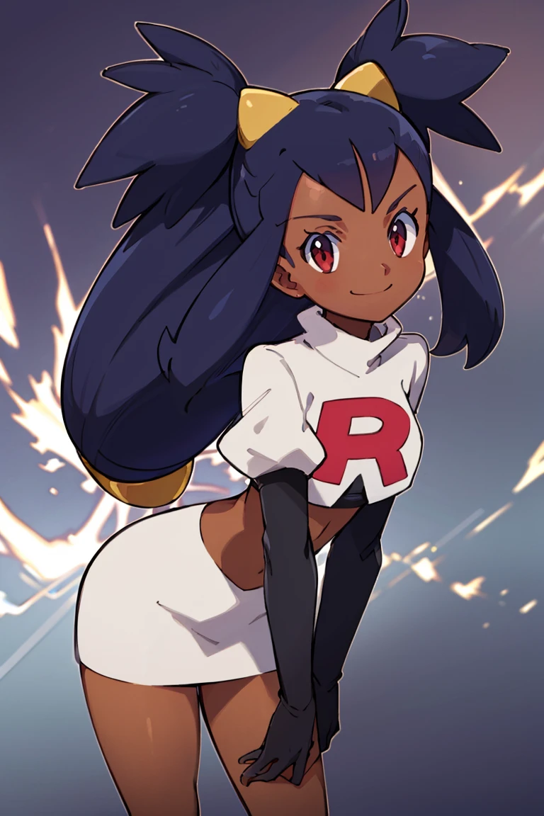 <lora:Bold_CAT:0.4>, ((masterpiece,best quality)), absurdres, <lora:Iris_Pokemon_v2:0.8>, iris (pokemon), purple hair, long hair, red eyes, dark skin, big hair, <lora:Cosplay_TeamRocket_v2:0.8>, team rocket, team rocket (cosplay), solo, smile, looking at viewer, cowboy shot,