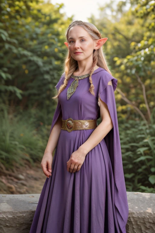 old elder elf granny in purple dress, outdoor portrait photography