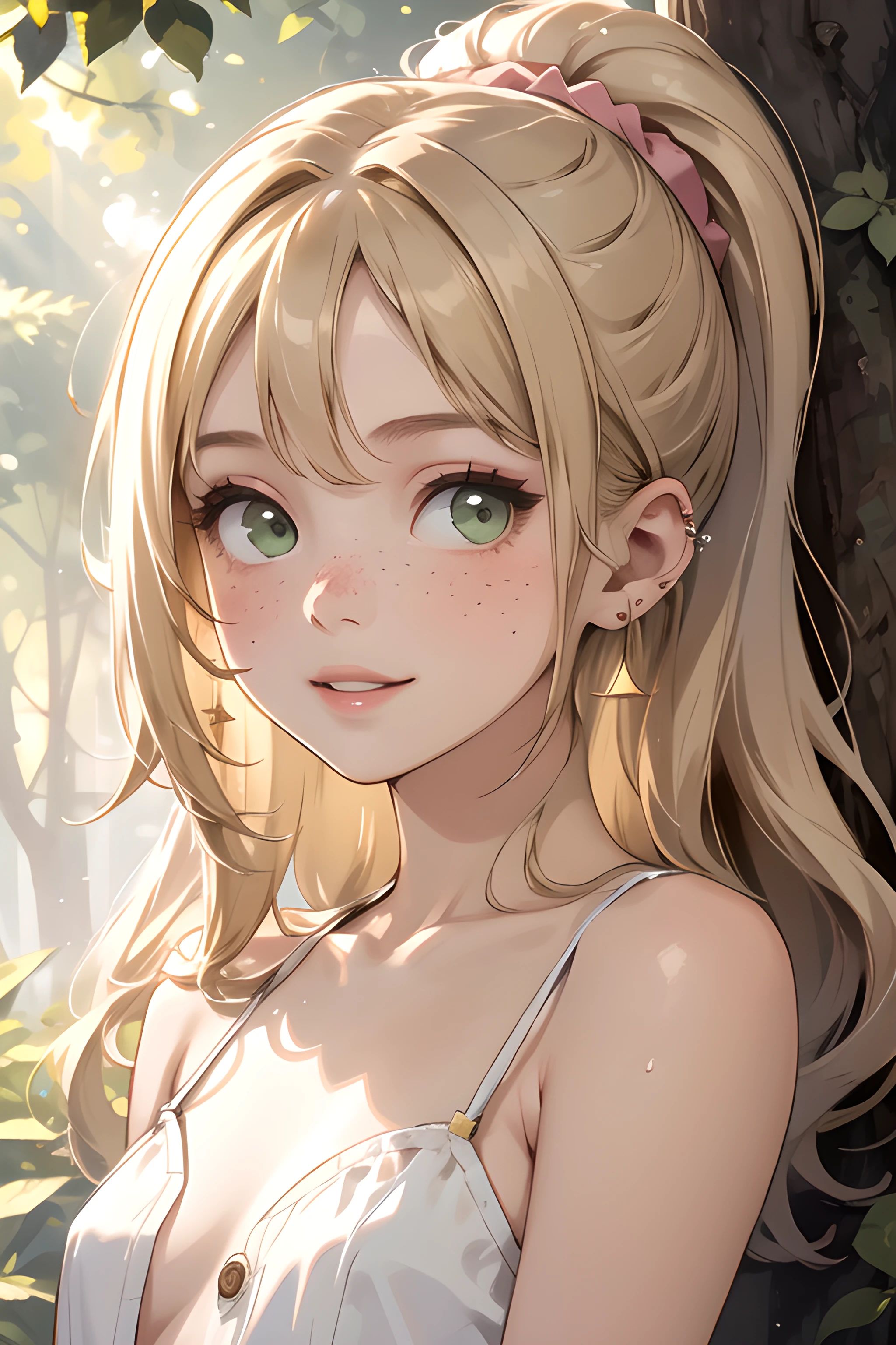 (masterpiece, best quality, highres), 1girl, solo, blonde hair, long wavy hair, high ponytail, asymmetrical bangs, green eyes, small perky breasts, freckles, pale skin, long eyelashes, pink scrunchie, ear piercing, upper body, looking at viewer, light blush, parted lips, light smile, head tilt, spaghetti strap, buttons, low neckline, dappled sunlight, tree shade, sleeveless, bare shoulders
