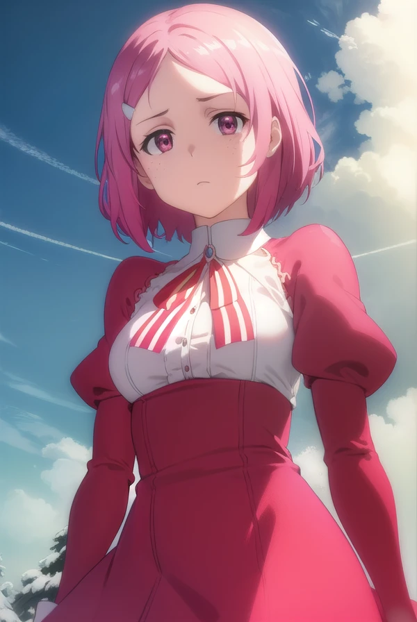 rikashinozaki, <lora:rika shinozaki s1-lora-nochekaiser:1>, 
rika shinozaki, short hair, hair ornament, pink hair, hairclip, (pink eyes:1.3), freckles, (parted bangs:1.5),
BREAK long sleeves, ribbon, neck ribbon, puffy sleeves, juliet sleeves, collar, gemstone, gloves, dress, (red dress:1.5), frills, apron,
BREAK outdoors, nature, forest, sun, sky,
BREAK looking at viewer, (cowboy shot:1.5),
BREAK <lyco:GoodHands-beta2:1>, (masterpiece:1.2), best quality, high resolution, unity 8k wallpaper, (illustration:0.8), (beautiful detailed eyes:1.6), extremely detailed face, perfect lighting, extremely detailed CG, (perfect hands, perfect anatomy),