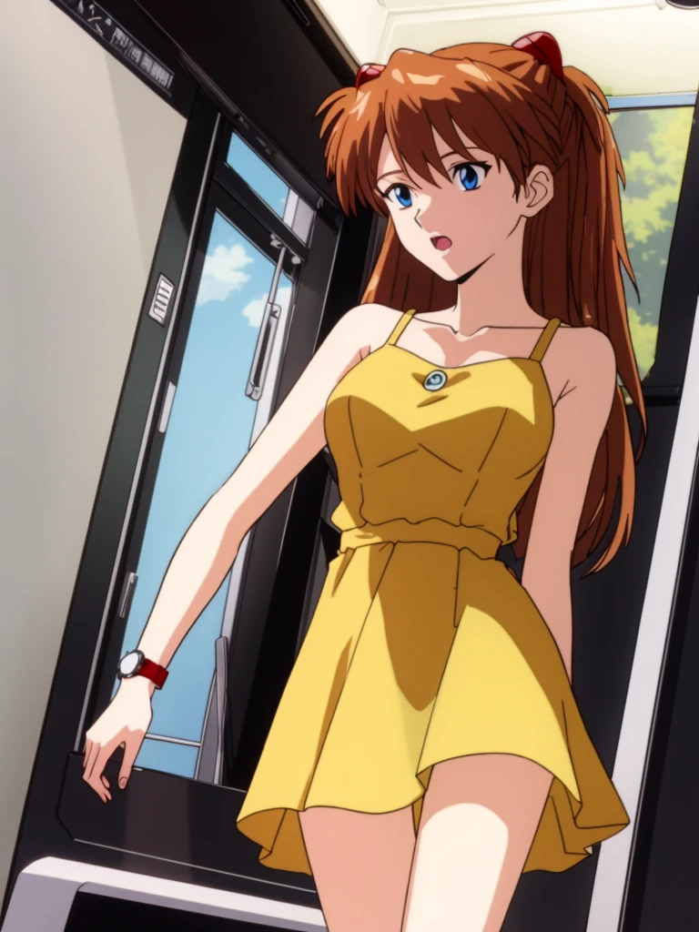 solo,MRX,souryuu asuka langley,<lora:ææ¥é¦:0.6>,yellow dress,dress,wristwatch,sundress,, 8k,masterpiece,best quality,high definition,