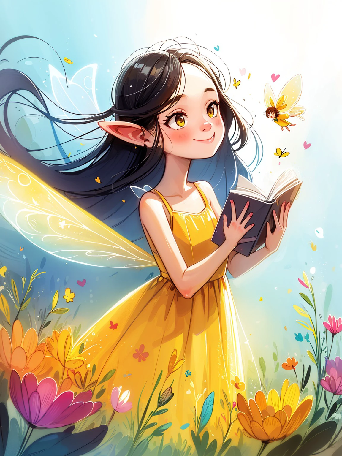 masterpiece, high quality, a girl, cute, black long hair, yellow dress,Fairy Wings <lora:J_huiben:0.8> j_huiben