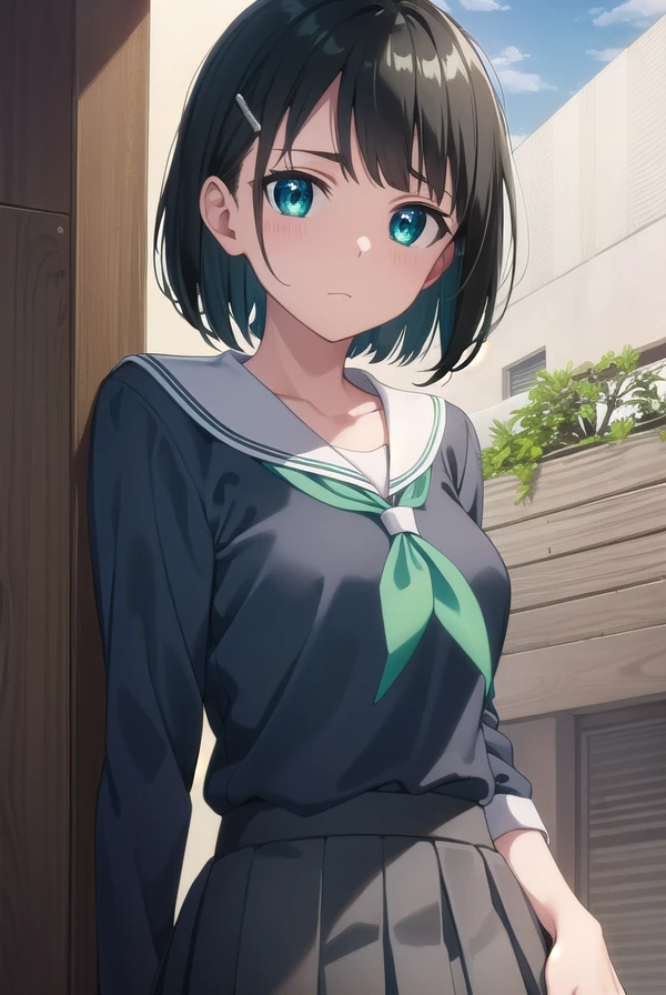 suguhakirigaya, <lora:suguha kirigaya s1-lora-nochekaiser:1>, 
suguha kirigaya, short hair, black hair, hair ornament, hairclip, (green eyes:1.3),
BREAK skirt, school uniform, pantyhose, pleated skirt, serafuku, sweater, grey serafuku, neckerchief, yellow neckerchief, grey skirt,
BREAK outdoors, nature, forest, sun, sky,
BREAK looking at viewer, (cowboy shot:1.5),
BREAK <lyco:GoodHands-beta2:1>, (masterpiece:1.2), best quality, high resolution, unity 8k wallpaper, (illustration:0.8), (beautiful detailed eyes:1.6), extremely detailed face, perfect lighting, extremely detailed CG, (perfect hands, perfect anatomy),