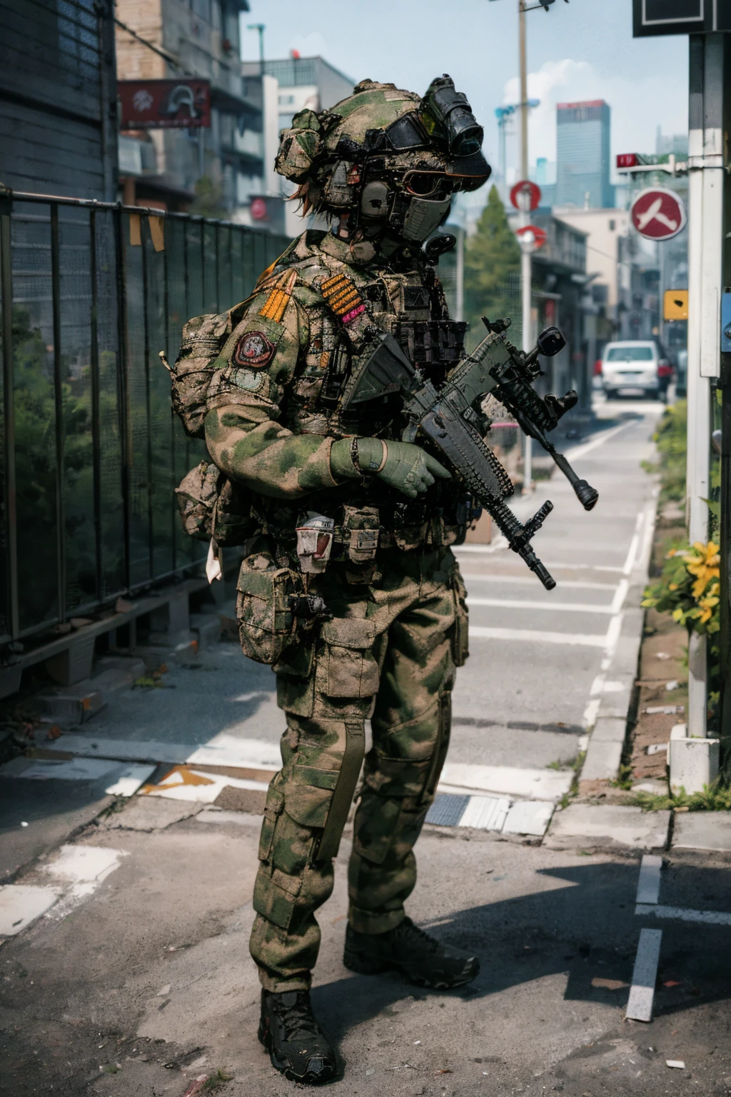 solo,1girl,outdoors,cityscape,standing,<lora:0306 Russian Federation Special Response Team_v1:1>,ruanyi0306,bulletproof vest,camouflage,helmet,holding weapon,m4 carbine,military uniform,mask,headset,microphone,full body,, best quality,masterpiece,highres,official art,extremely detailed cg unity 8k wallpaper