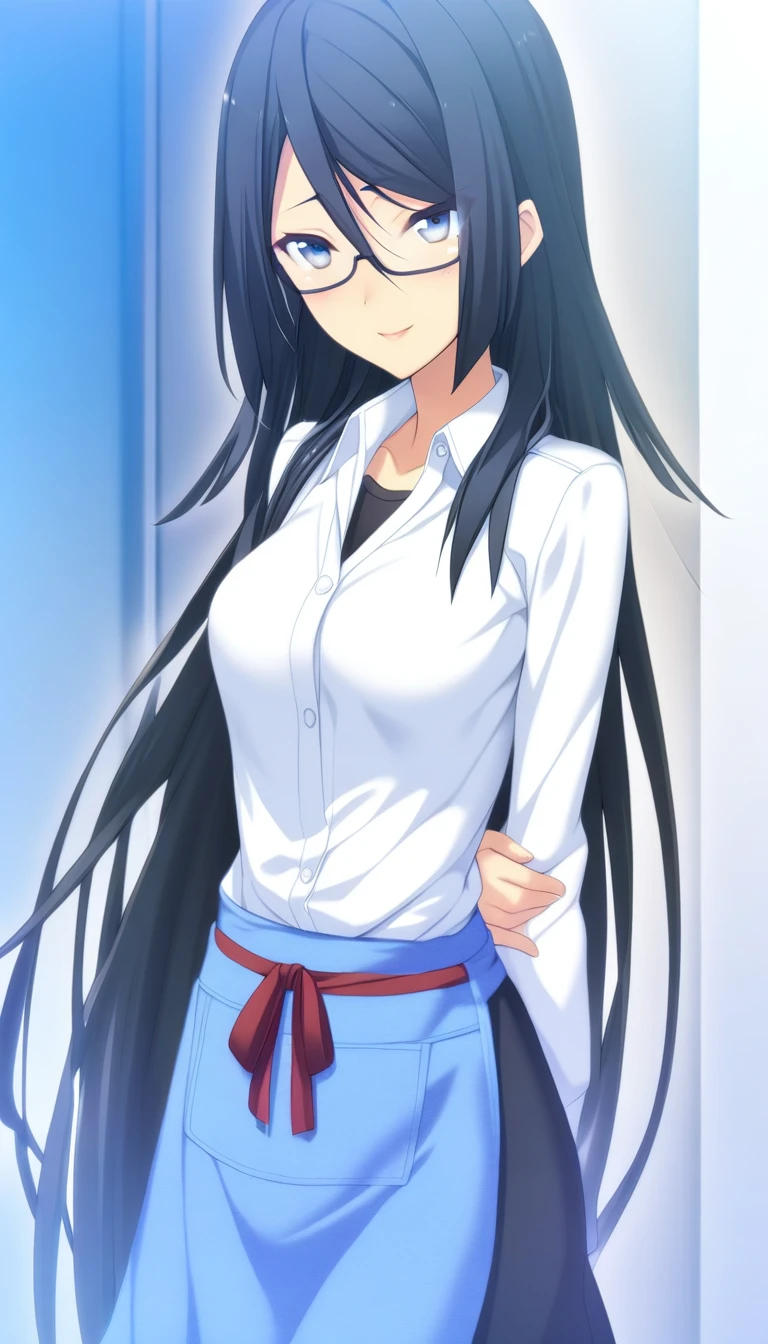 1girl,Himuraki Mizuha,white shirt,semi-rimless eyewear,blue long waist apron with a red ribbon,smile,arms behind back,masterpiece,best quality,game cg,blush,(detailed beautiful eyes:1.2),(beautiful face:1.2),<lora:HimurakiMizuhaXLK:1>,