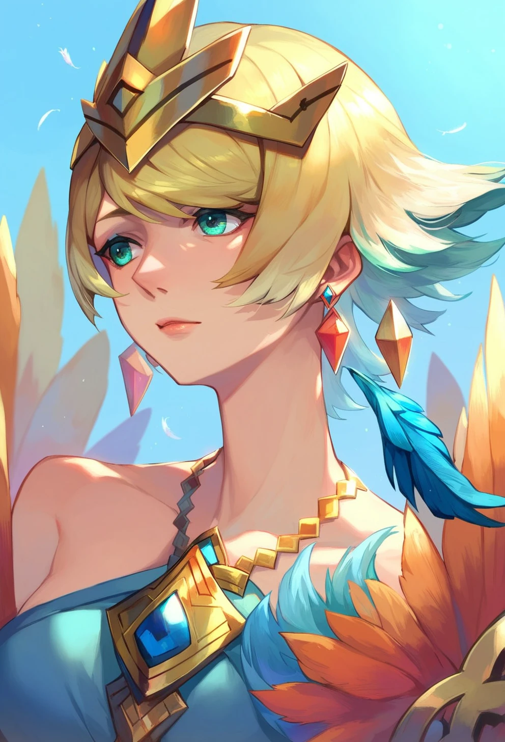 score_9, score_8_up, score_7_up, score_6_up, source anime, feh_seoreh_pnxl, fire emblem heroes,
fjorm, 1girl, feather trim, solo, jewelry, blonde hair, earrings, multicolored hair, gradient hair, short hair, upper body,
whorled clouds, blue sky
<lora:fire_emblem_heroes_pony:0.8>