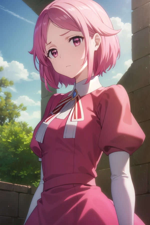 rikashinozaki, <lora:rika shinozaki s1-lora-nochekaiser:1>, 
rika shinozaki, short hair, hair ornament, pink hair, hairclip, (pink eyes:1.3), freckles, (parted bangs:1.5),
BREAK long sleeves, ribbon, neck ribbon, puffy sleeves, juliet sleeves, collar, gemstone, gloves, dress, (red dress:1.5), frills, apron,
BREAK outdoors, nature, forest, sun, sky,
BREAK looking at viewer, (cowboy shot:1.5),
BREAK <lyco:GoodHands-beta2:1>, (masterpiece:1.2), best quality, high resolution, unity 8k wallpaper, (illustration:0.8), (beautiful detailed eyes:1.6), extremely detailed face, perfect lighting, extremely detailed CG, (perfect hands, perfect anatomy),