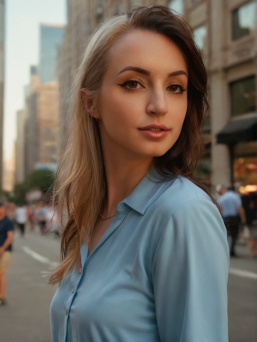a beautiful picture of gibiAsmrXL, <lora:gibiAsmrXL:1> detailed skin texture,masterpiece, photorealistic, woman, 4k, backlighting, light, RAW color photo,(fully in frame:1.1), (blush:0.5), (goosebumps:0.5),blonde, detailed face,wearing a blue blouse,city streets