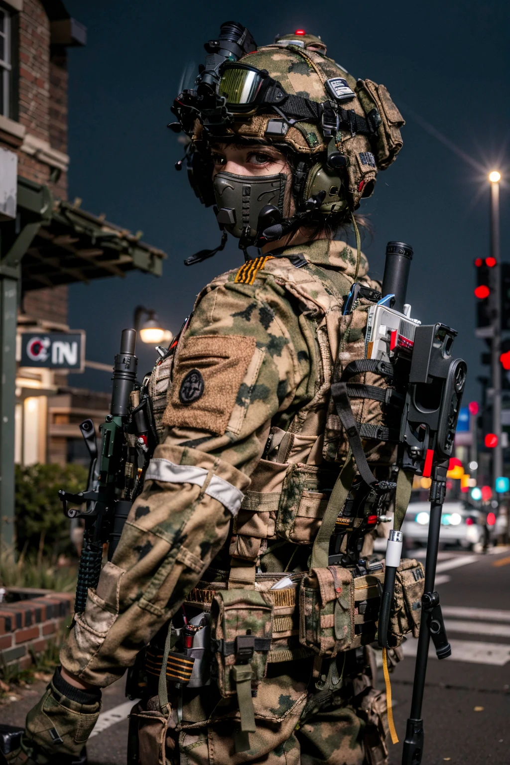 solo,1girl,outdoors,cityscape,(cowboy shot:1.2),standing,from behind,<lora:0306 Russian Federation Special Response Team_v1:1>,ruanyi0306,bulletproof vest,camouflage,helmet,holding weapon,m4 carbine,military uniform,mask,headset,microphone,, (incredibly absurdres, ultra-detailed,CG ,unity ,8k wallpaper),(masterpiece),(realistic),(photorealistic:1.2),(raw photo:1.2), (best quality:1.2), (detailed face :1.4),(beautiful detailed eyes :1.2),(detailed hair),light on face, huge filesize ,cinematic lighting, 1 girl ,sexy,