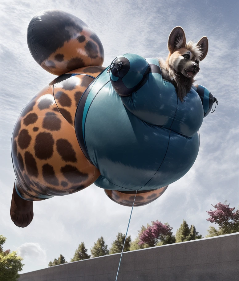 photorealistic, detailed background, hyena, anthro, male, detailed face, clothed, inflating, living inflatable, floating, spherical inflation, hyper thighs, puffed arms, puffed tail, on front, low-angle view, tethered, <lora:Male-Inflation-01-BB95-e100:0.8>