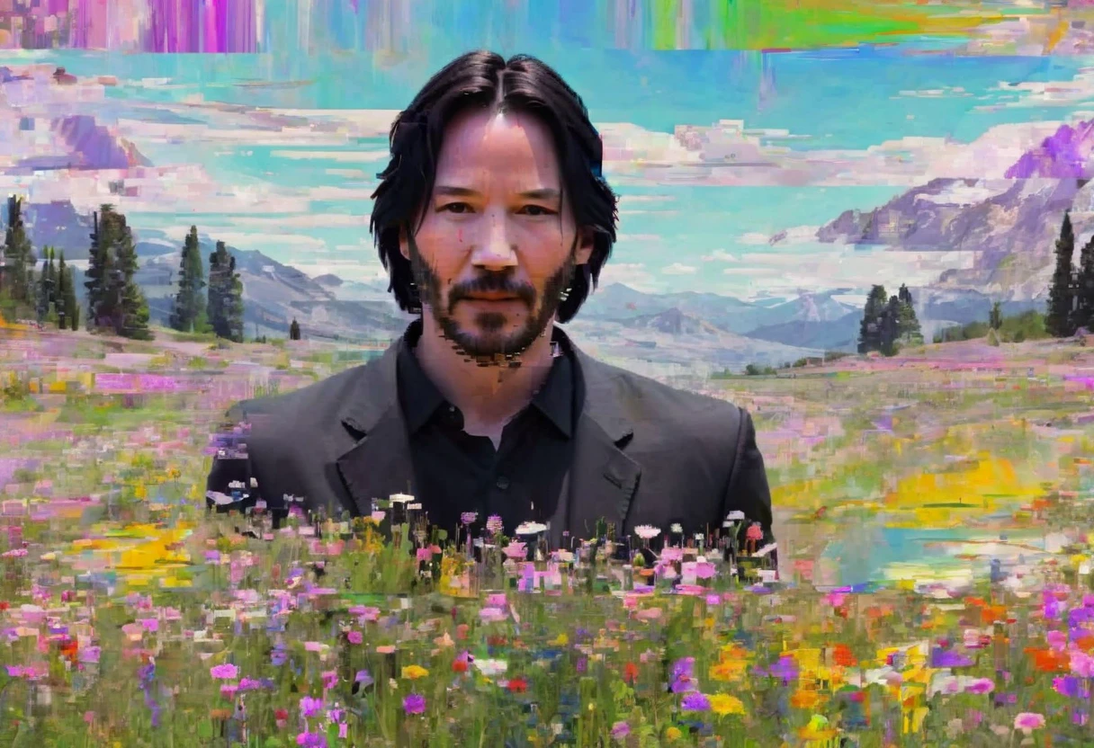 keanu reeves in a meadow of beautiful flowers, glitch art <lora:glitched-v1.0.1-extracted:1.35>