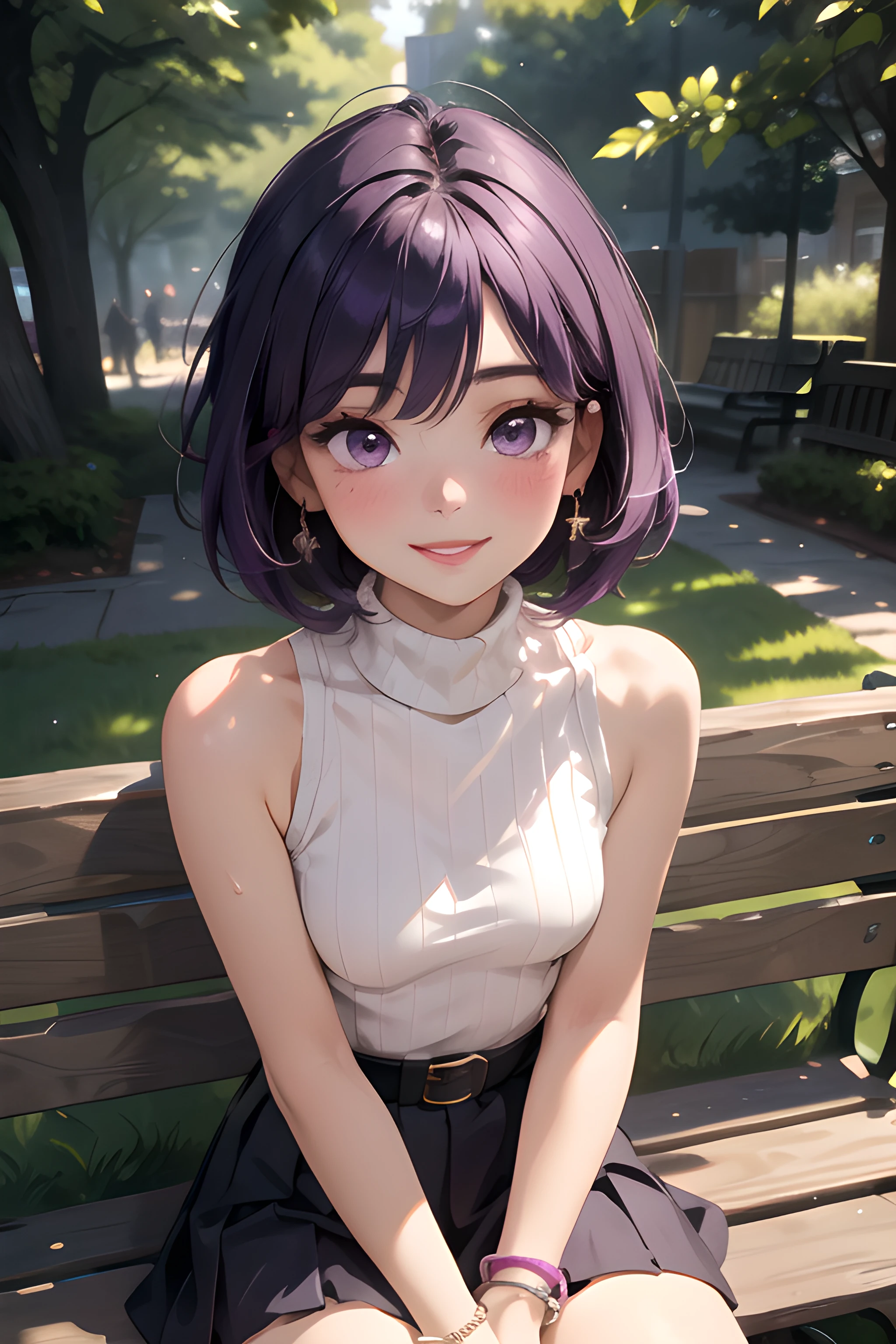 (masterpiece, best quality, highres), 1girl, solo, purple hair, short hair, inverted bob, purple eyes, small breasts, narrow waist, long eyelashes, outdoors, sitting, on bench, upper body, from above, tree, tree shade, dappled sunlight, sweater, sleeveless, turtleneck, bare shoulders, leather belt, pleated skirt, eyeshadow, eyeliner, lipstick, bracelet, looking at viewer, happy, blush, parted lips, smile, dating, pov