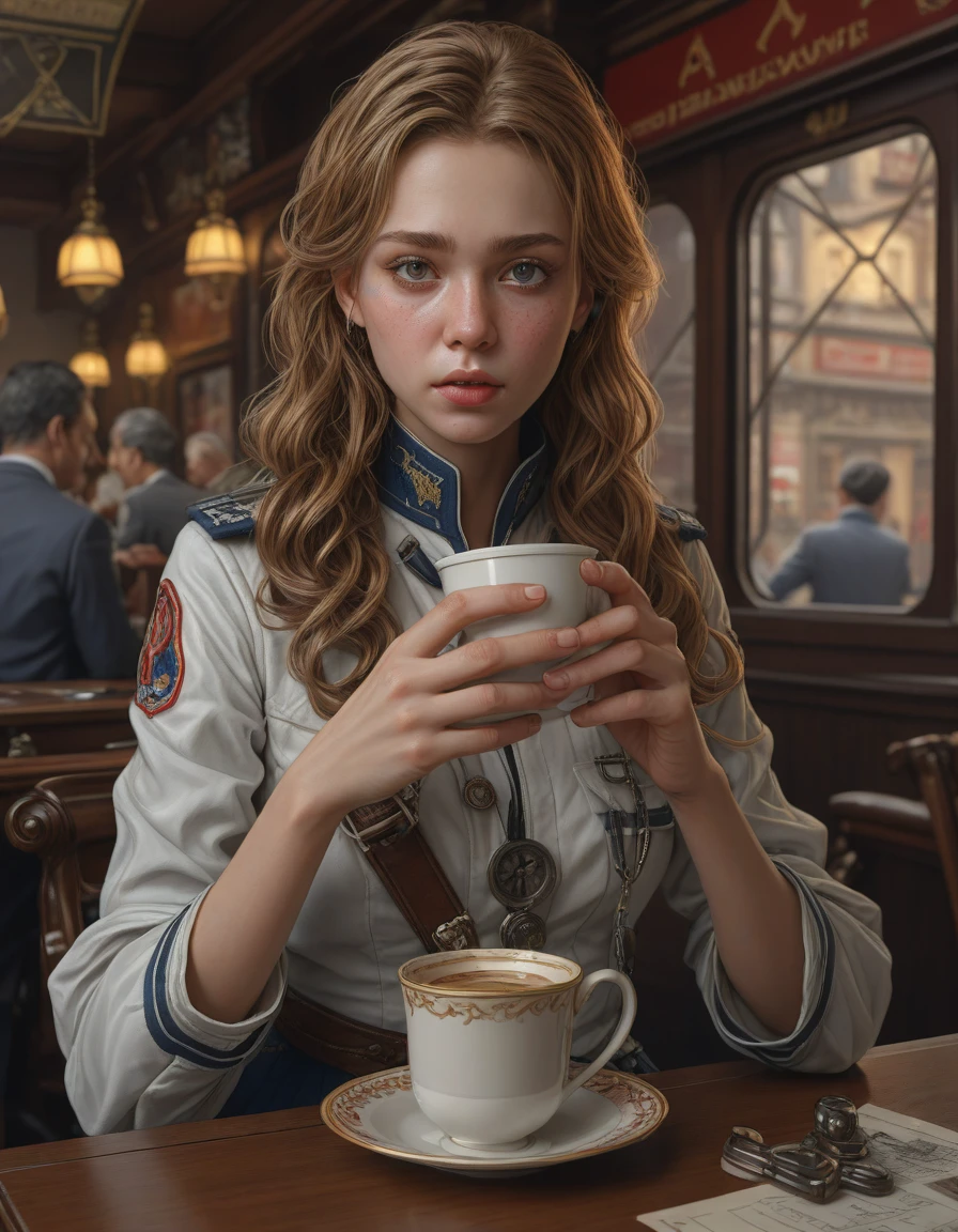 an portrait of an female medic drinking coffee, detailed, centered, digital painting, artstation, concept art, donato giancola, Joseph Christian Leyendecker, WLOP, Boris Vallejo, Breathtaking, 8k resolution, extremely detailed, beautiful, establishing shot, artistic, hyperrealistic, beautiful face, octane render, fallen satellite, twisted metal, electronic glitches, lost connections, <lora:detailed_notrigger:1>