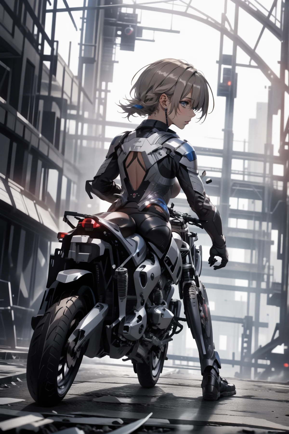 1girl riding motorcycle, back view