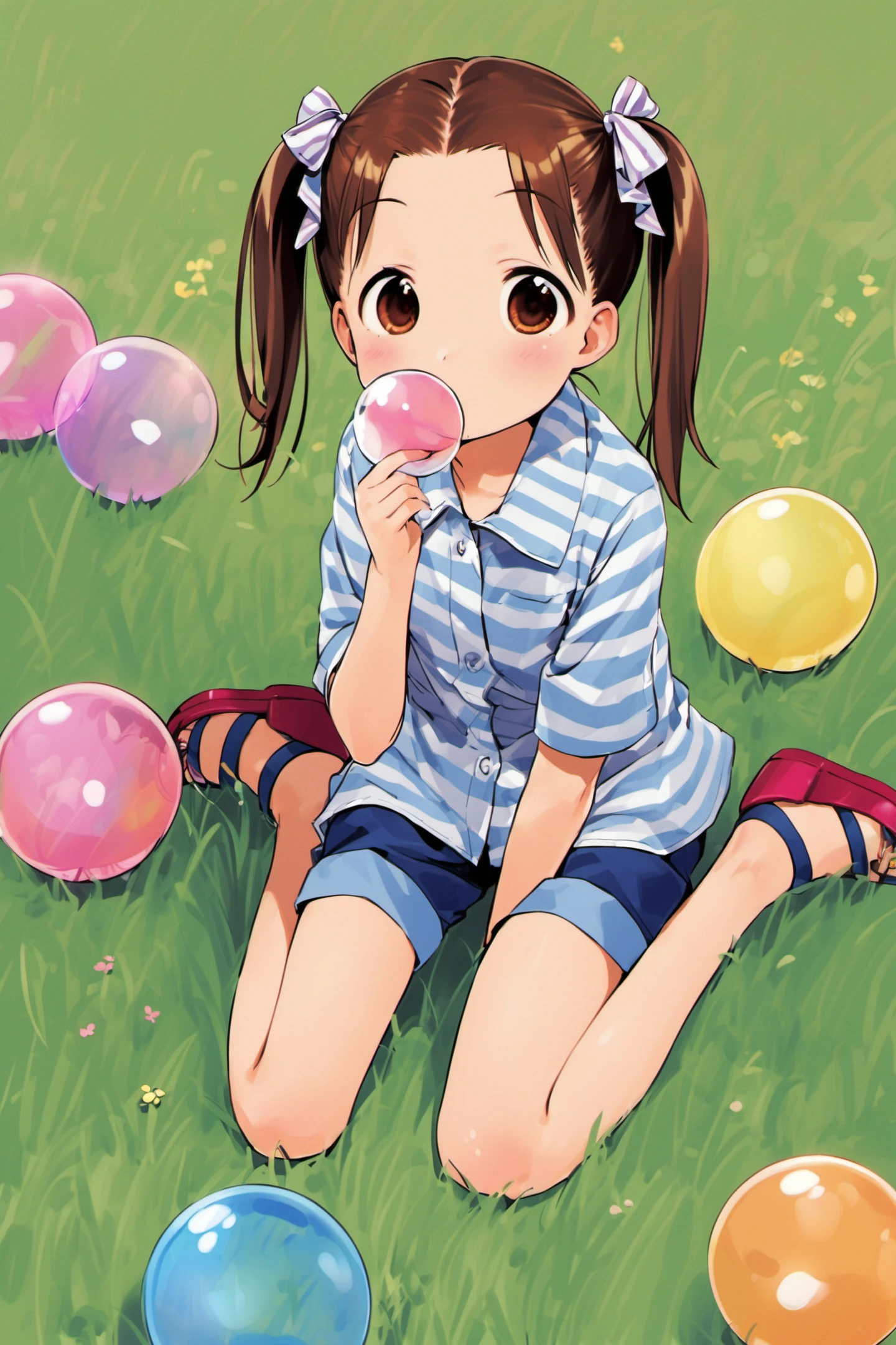 Miu Matsuoka,1girl,solo,bubble blowing,twintails,sandals,brown hair,bubble,shorts,sitting,striped,blue shorts,ribbon,wariza,grass,brown eyes,hair ribbon,<lora:Ichigo Mashimaro_XL:0.8>,