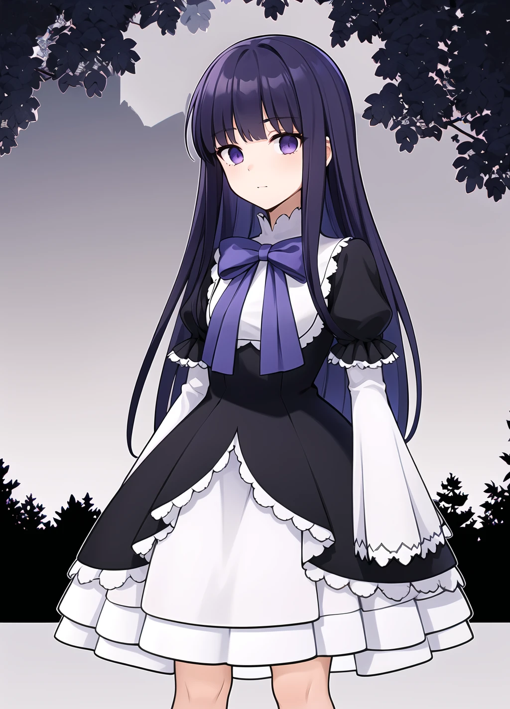 1girl, frederica bernkastel, solo, dress, long hair, layered sleeves, long sleeves, bow, puffy sleeves, short over long sleeves, short sleeves, black dress, sleeves past wrists, frills, purple bow, <lora:Frederica Bernkastel anything45pruned46r75r-000007:0.6>, black_sky, trees, looks at the viewer