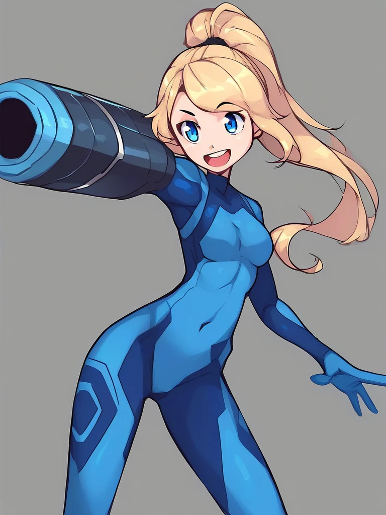 <lora:Bumblesteak-PonyXL-1024px:0.8>
score_5_up,
1girl, solo, standing, wearing blue bodysuit, arm cannon, aiming, long hair, blonde hair, ponytail, blue eyes, covered navel, smile, open mouth