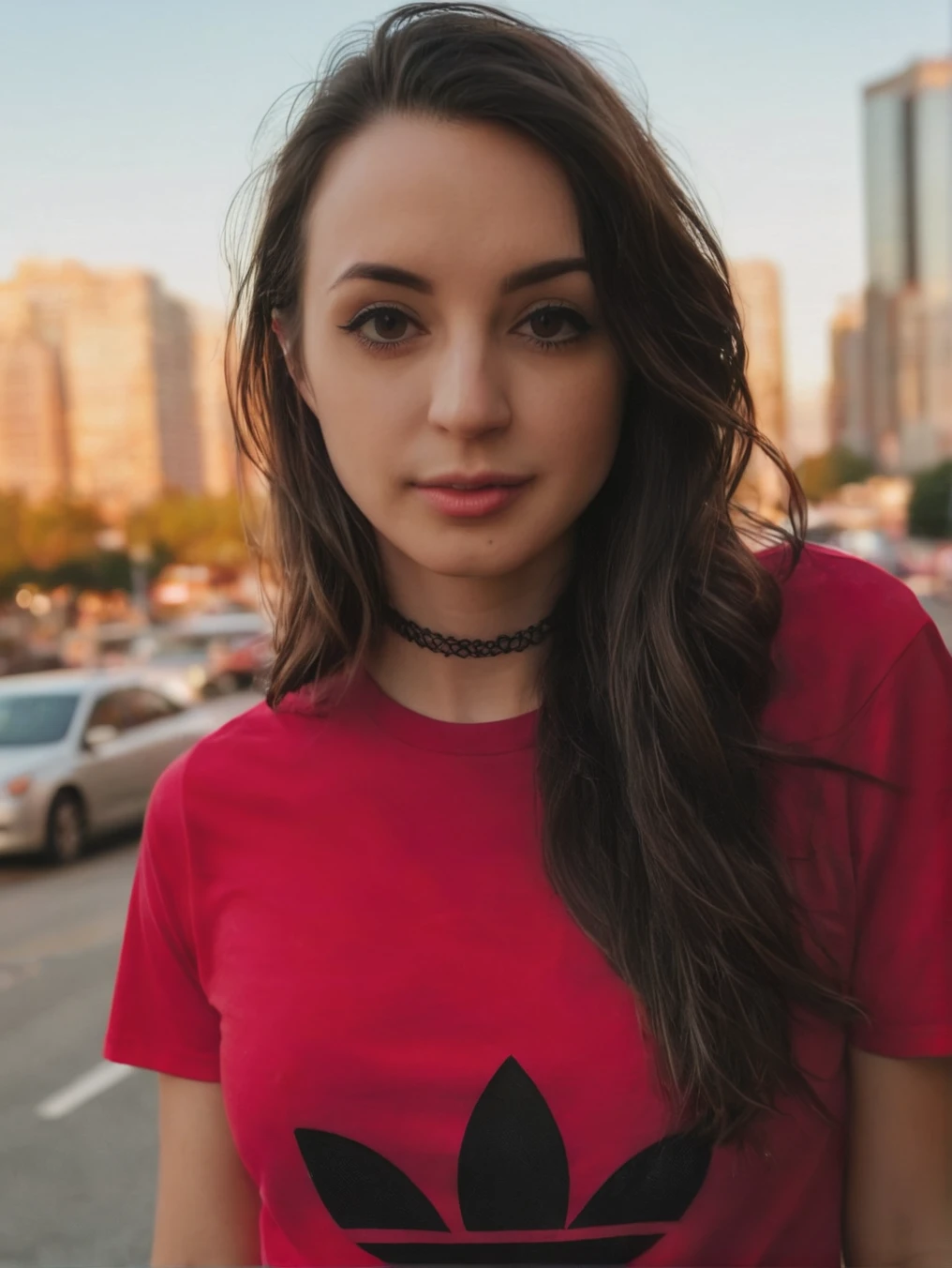 a beautiful picture of gibiAsmrXL, <lora:gibiAsmrXL:1> detailed skin texture,masterpiece, photorealistic, woman, 4k, backlighting, light, RAW color photo,(fully in frame:1.1), (blush:0.5), (goosebumps:0.5),brunette, detailed face,wearing a red shirt,city streets,dslr