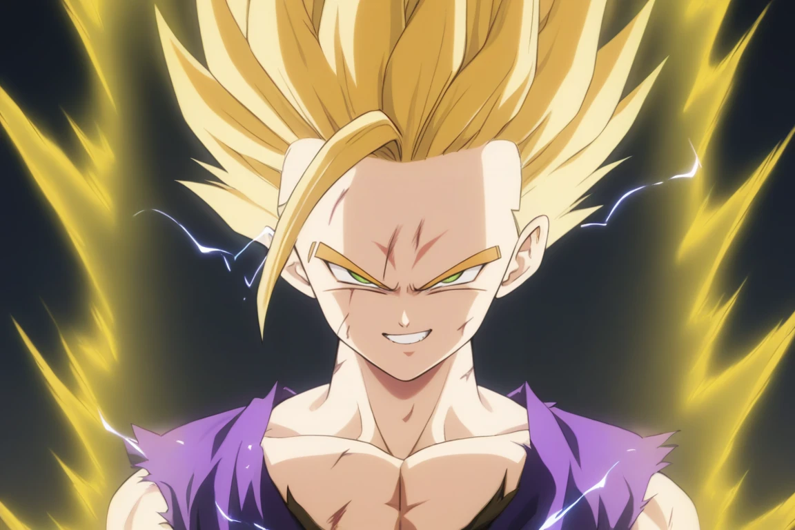 1boy,solo,gohan,super saiyan 2,purple_dougi,blonde_hair,spiked_hair,yellow aura,electricity,smirk,injuries,scars,(masterpiece,best quality:1.3),portrait,pectorals<lora:EMS-317132-EMS:1.000000>, <lora:EMS-289246-EMS:0.800000>