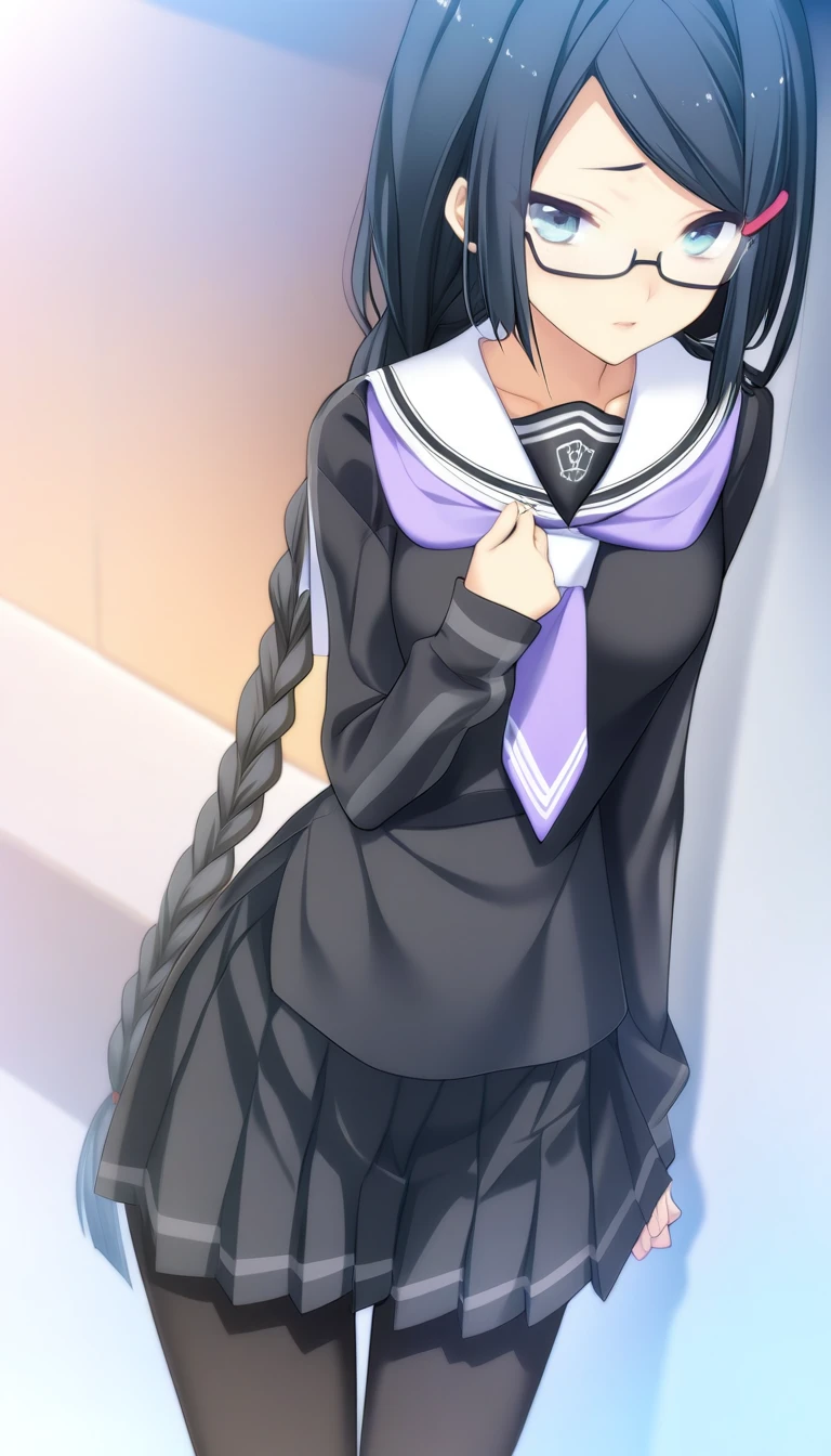 1girl,Himuraki Mizuha,school uniform,black pantyhose,pleated skirt,gray lines on the sleeves,gray lines on the skirt,purple tie is decorated with two white stripes,semi-rimless eyewear,long braid,peach hairclip,masterpiece,best quality,game cg,blush,(detailed beautiful eyes:1.2),(beautiful face:1.2),<lora:HimurakiMizuhaXLK:1>,