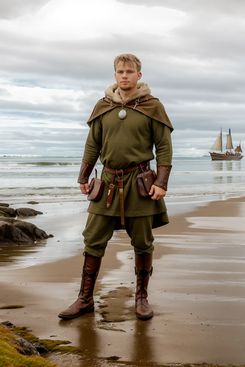 Lindisfarne island beach, viking ship in the background, CameronMarshall, norsemenclothes, green tunic, brown cloak, satchel, belt, leather vambraces, pants, boots, (((full body portrait))), wide angle,   <lora:NorseMenClothes:0.8> <lora:CameronMarshall:0.8>  <lora:muscle_slider_v1:-0.8>