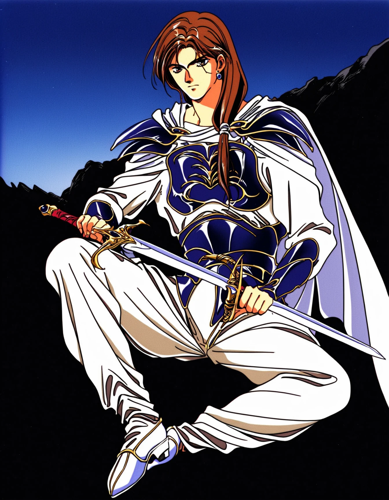 Arislan Retro Style, solo, long hair,  brown hair, long sleeves, 1boy, outdoors, holding, sitting, full body, weapon, male focus, earrings, pants, sword,  cape, holding weapon, armor, holding sword, white footwear, sheath, hair over shoulder, sheathed, scabbard, white cape, source_anime , <lora:ArislanPonyXL:0.8>