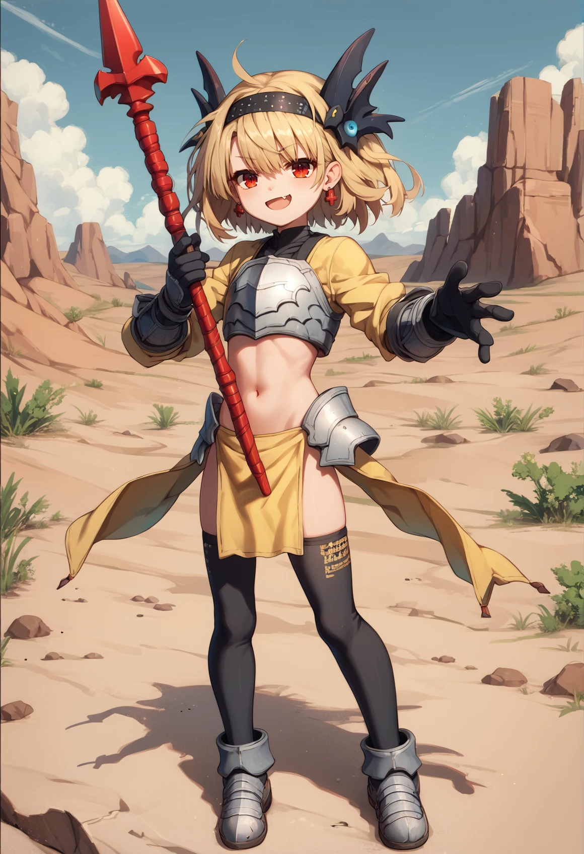 1girl, solo, very short hair, pixy cut, blonde hair, bangs, wild hair, red eyes, headband, hair dragon ornament with earrings, yellow shirt, holding spear, smug. navel, cocky, silver chest armor, gloves, yellow loincloth, black thighhighs, open mouth, fang, full body, cowboy shot, outdoors, desert <lora:Sharon XL:0.8><lora:Hiroshi-Style-PonyXL-000020:0.8>, score_9, score_8_up, score_7_up, score_6_up, score_5_up, score_4_up, BREAK source_anime, masterpiece