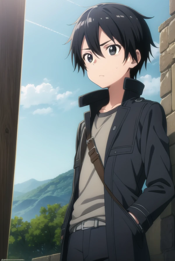 kirigayakazuto, <lora:kirigaya kazuto s1-lora-nochekaiser:1>, 
kirigaya kazuto, black hair, (black eyes:1.5), male focus,
BREAK shirt, black shirt, coat, black coat, pants, black pants,
BREAK outdoors, nature, forest, sun, sky,
BREAK looking at viewer, (cowboy shot:1.5),
BREAK <lyco:GoodHands-beta2:1>, (masterpiece:1.2), best quality, high resolution, unity 8k wallpaper, (illustration:0.8), (beautiful detailed eyes:1.6), extremely detailed face, perfect lighting, extremely detailed CG, (perfect hands, perfect anatomy),