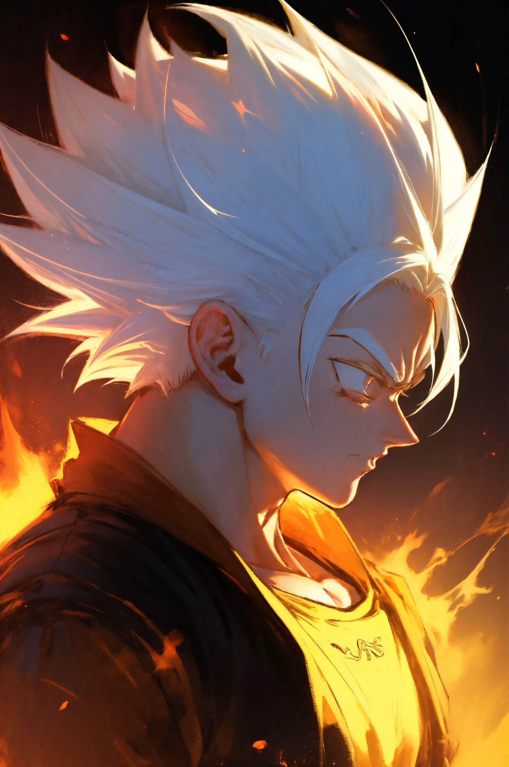 masterpiece. High quality,highest detailed,1boy,glowing,<lora:Saiyan:0.8>,Saiyan,aura,white hair,flambe,