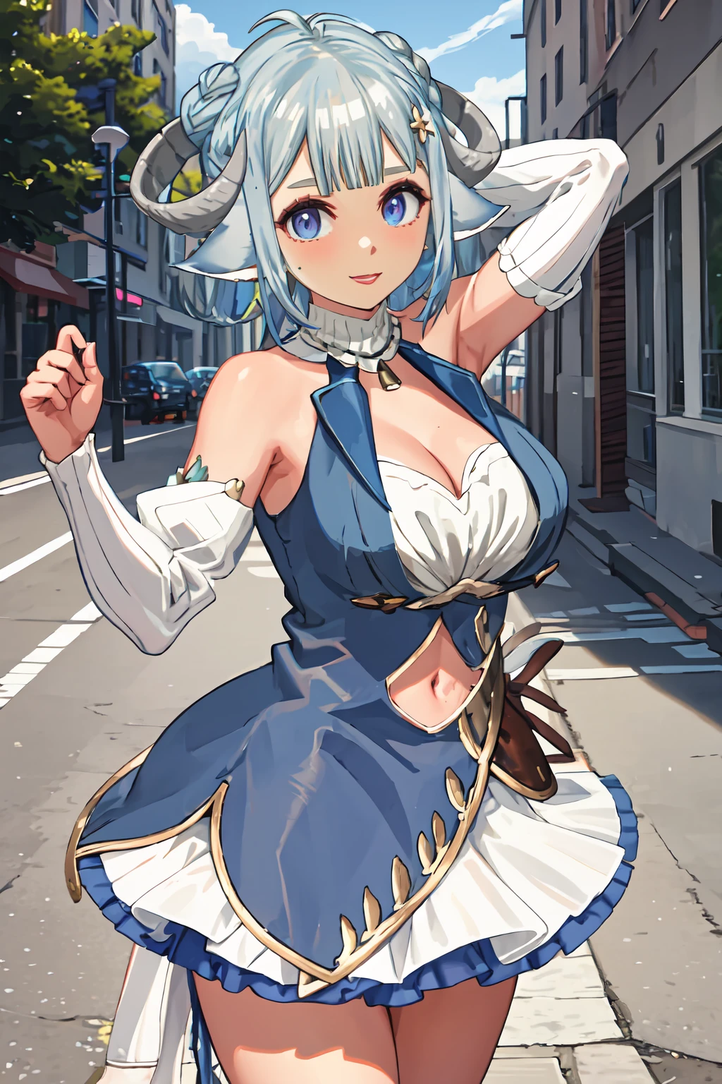 masterpiece, best quality, highly detailed, MinaiAruma, 1girl, waistcoat, detached sleeves, dynamic pose, dancing, outdoors, street, <lora:MinaiAruma:1>,