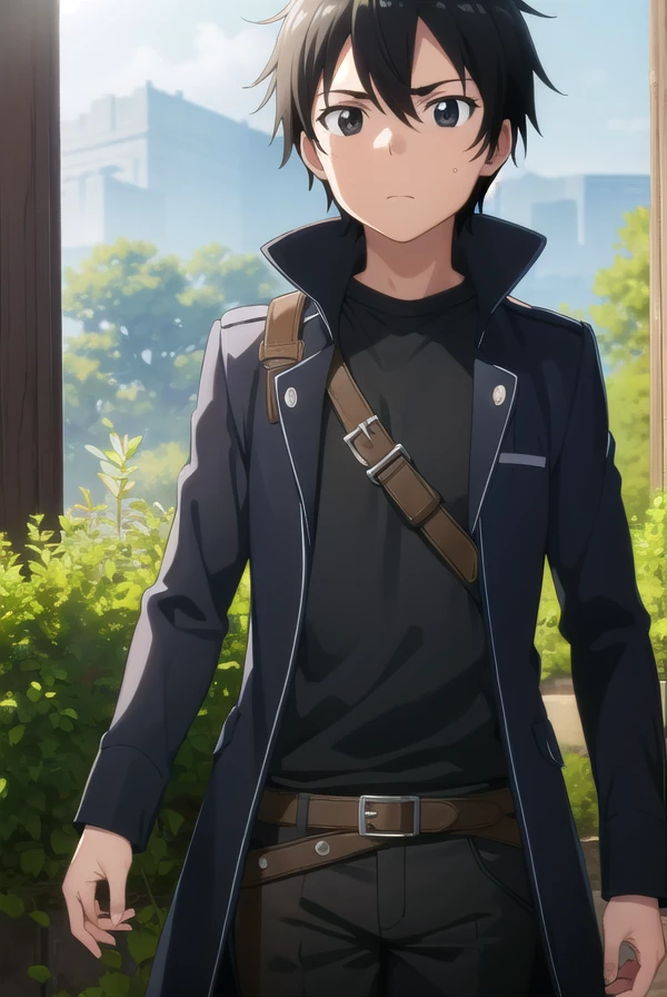 kirigayakazuto, <lora:kirigaya kazuto s1-lora-nochekaiser:1>, 
kirigaya kazuto, black hair, (black eyes:1.5), male focus,
BREAK shirt, black shirt, coat, black coat, pants, black pants,
BREAK outdoors, nature, forest, sun, sky,
BREAK looking at viewer, (cowboy shot:1.5),
BREAK <lyco:GoodHands-beta2:1>, (masterpiece:1.2), best quality, high resolution, unity 8k wallpaper, (illustration:0.8), (beautiful detailed eyes:1.6), extremely detailed face, perfect lighting, extremely detailed CG, (perfect hands, perfect anatomy),