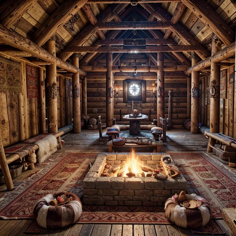 (masterpiece:1.2), (best quality,:1.2), 8k, HDR, ultra detailed, ((photorealistic)), professional light, cinematic lighting, fashion photography, ambient lighting, face lighting, <lora:detail_slider_v4:2>, a (very small) medieval viking room with a fur! rug on the floor and one! fireplace, dark, primitive furniture, VikInt, <lora:VikingInterior-10:0.65>, epiCPhoto
