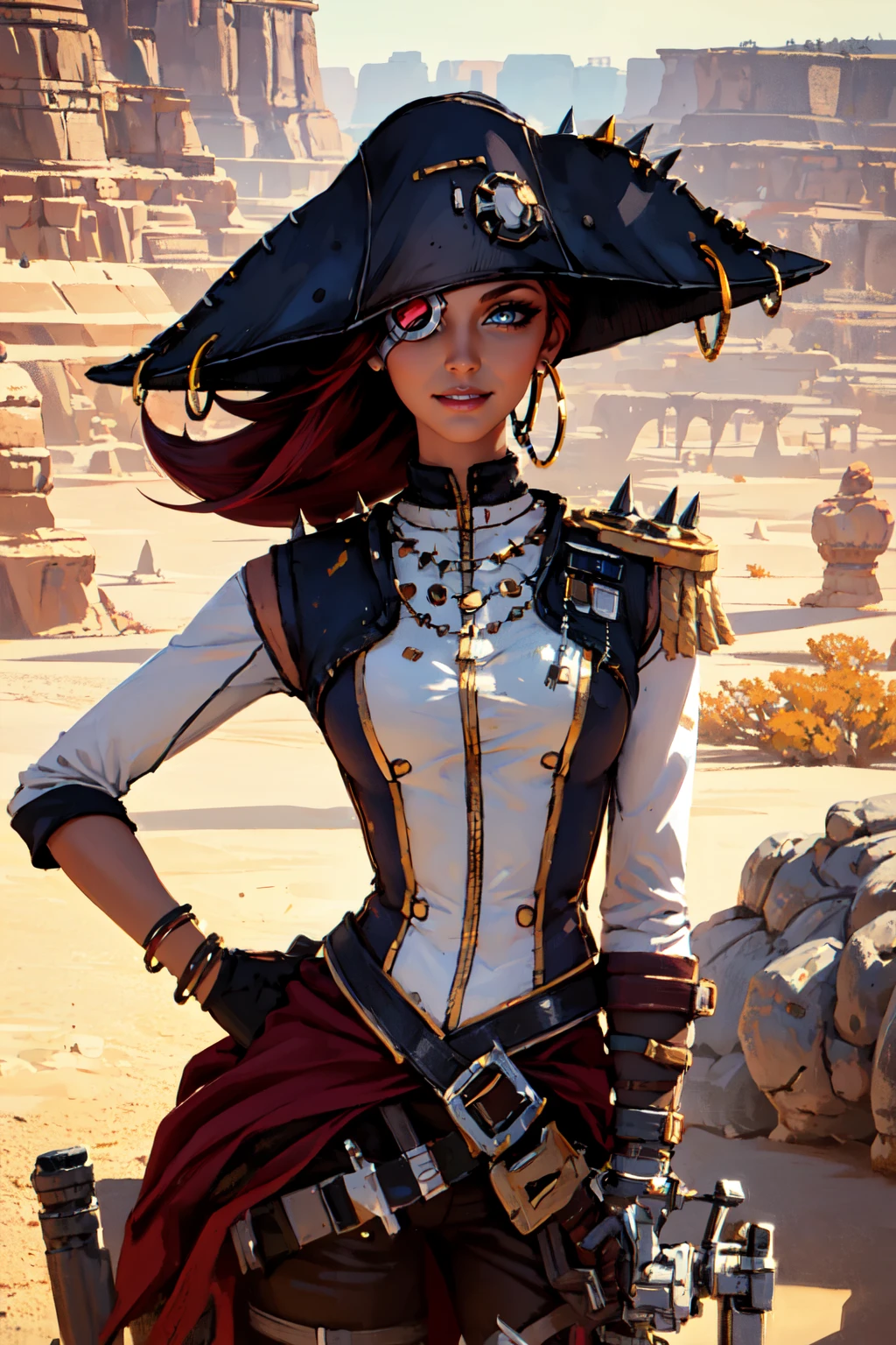 beautiful eyes, beautiful girl, high detail skin, high detail eyes, high detail hair, highres, ultra detailed, sharpen picture, Highly detailed, masterpiece, best quality, photorealistic,
, on a cliff, ponting forward, smile, in the desert,  <lora:CaptainScarlettLora:0.8>1girl, long hair, jewelry, hoop earrings, eyepatch:1.4, pirate hat, spikes, shoulder armor, top, vest, fingerless gloves, bracelet, mechanical hand, belt, pants, lip piercing, mechanical leg, explosions, blue sky,