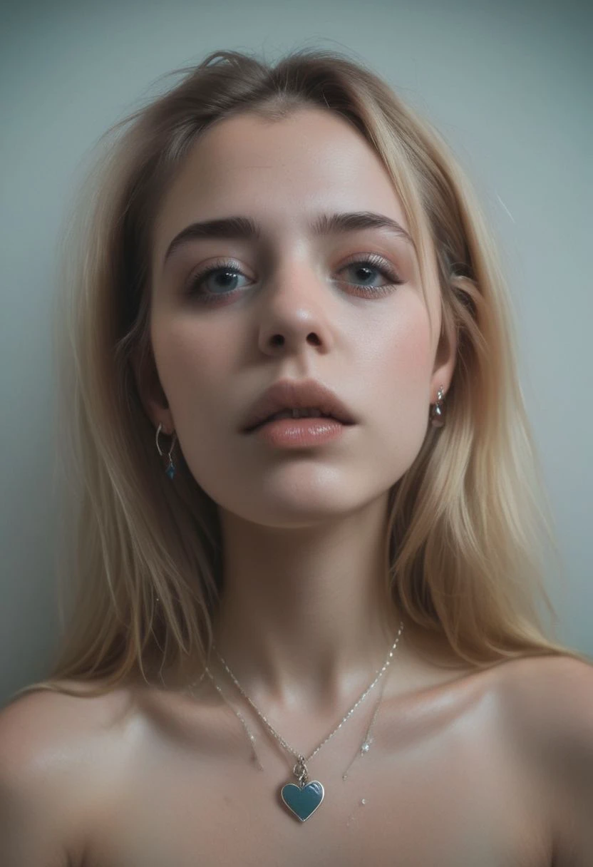 Billie Eilish, porn star, very white skin, glowing white skin, Transparent skin, green colored eyes, fully naked, every visible body, extremely thin body, bare naked