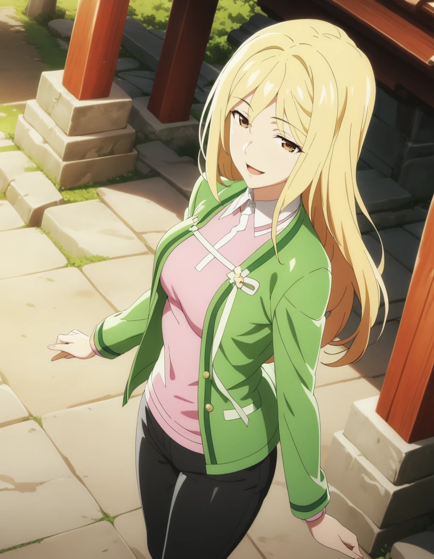1girl,
<lora:takanomiyoXL1:0.8>,takanomiyo,
blonde hair,long hair,brown eyes,
shirt, jacket,pants,
smile,
Shinto shrine,
 from above, cowboy shot, looking to the side,open mouth,
masterpiece, best quality, ultra detailed, highres,4k,(ultra-detailed:1.4) (illustration:0.5), (ray tracing,:0.8),(anime colored:0.7),(ai-generated:0.5), (anime screencap:1.2),