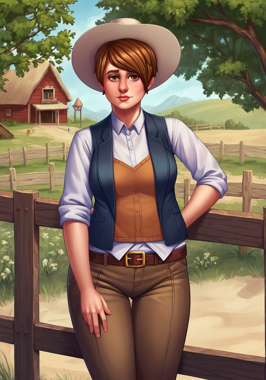 score_9, score_8_up, score_7_up, BREAK, high-fidelity image, a cowgirl on the cattle ranch, magic hour, leaning against fence, <lora:maa1k3TS4:1> maa1k3ts4, plus-sized, short brown hair, brown eyes, wide-brimmed hat, sand-colored blouse, leather vest, denim pants, leather chaps