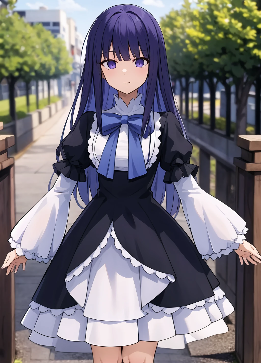 masterpiece, best quality, 1girl, frederica bernkastel, solo, dress, long hair, blue hair, layered sleeves, long sleeves, bow, puffy sleeves, short over long sleeves, short sleeves, black dress, sleeves past wrists, frills, purple bow, <lora:Frederica Bernkastel anything45pruned46r75r-000007:0.65>, cowboy shot, looks at the viewer, standing, outdoors,