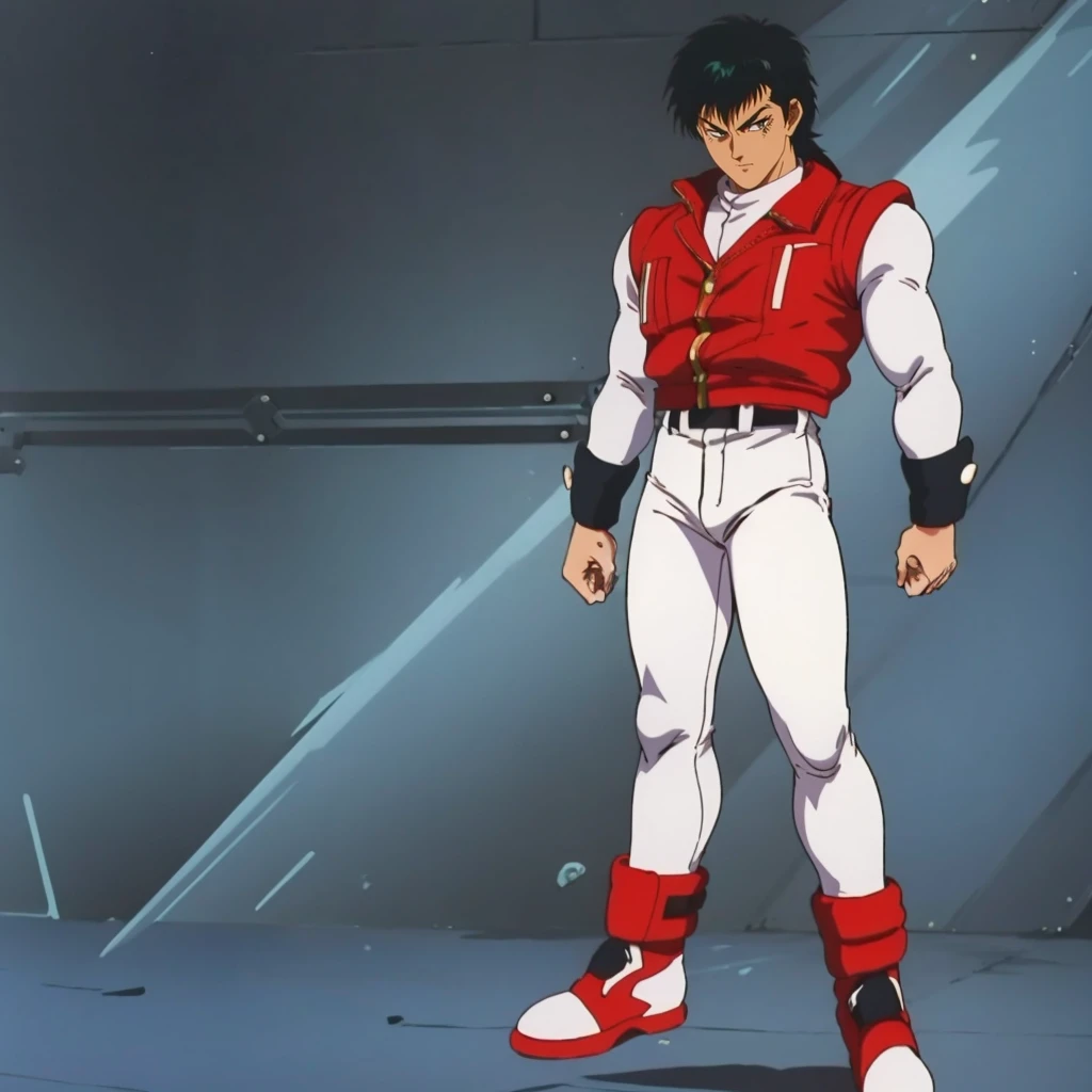 <lora:TakayaAiba002:0.7>,
TakayaAiba,1boy,black hair,spike hair,black eyes,retro artstyle,1980s (style),
uniform,red vest,long sleeves,
white pants,
red footwear,
full body,standing,