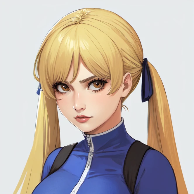 extreme close-up, solo, portrait, <lora:welchVineyardStarOceanSeries:0.9>, welch_vineyard, 1girl, blonde hair, twintails, hair ribbons, long hair, breasts, brown eyes, blue dress, black undershirt, standing, simple background, highres, Digital art, trending on artstation, best quality, insanely detailed, masterpiece, stunning environment, wide-angle,