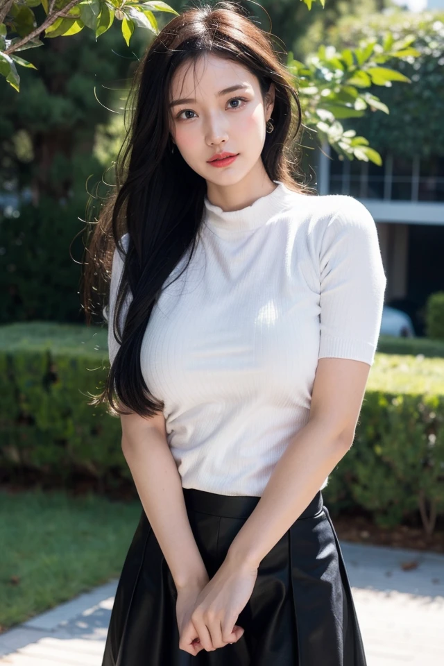 Draw lips correctly, red lipstick, from chest up, best quality, Super detailed, lifelike, Super fine skin, perfect anatomy, (1 日本Mature的女人), (alone),Wear a gray shirt,short sleeves,blue jeans,black belt,wavy long hair,37-year-old female,Mature,charming smile,outdoor background,stand,Leg length,Chubby,Big breasts,stand up,full-body shot
